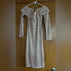 Rose gold off shoulder sequin dress